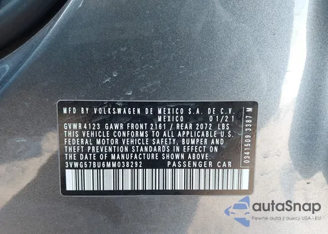 2021 Volkswagen Jetta 1.4T Sel Premium z USA, uszkodzony, nr VIN 3VWG57BU6MM038292